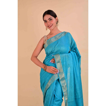 Isadora Life Womens Stripes Zari Blue Pre-Draped Saree With Unstitched Blouse