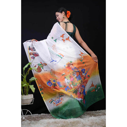 Isadora Life Womens Printed Multi-Color Pre-Draped Saree With Unstitched Blouse