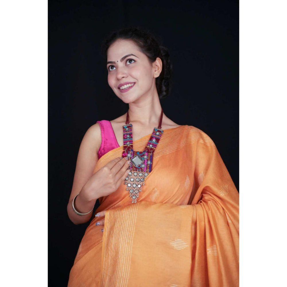 Isadora Life Womens Woven Tassels Orange Pre-Draped Saree With Unstitched Blouse