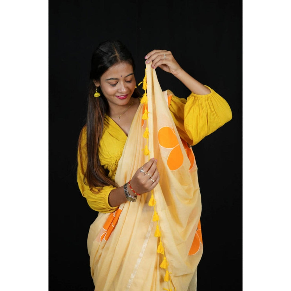 Isadora Life Womens Floral Printed Yellow Pre-Draped Saree With Unstitched Blouse