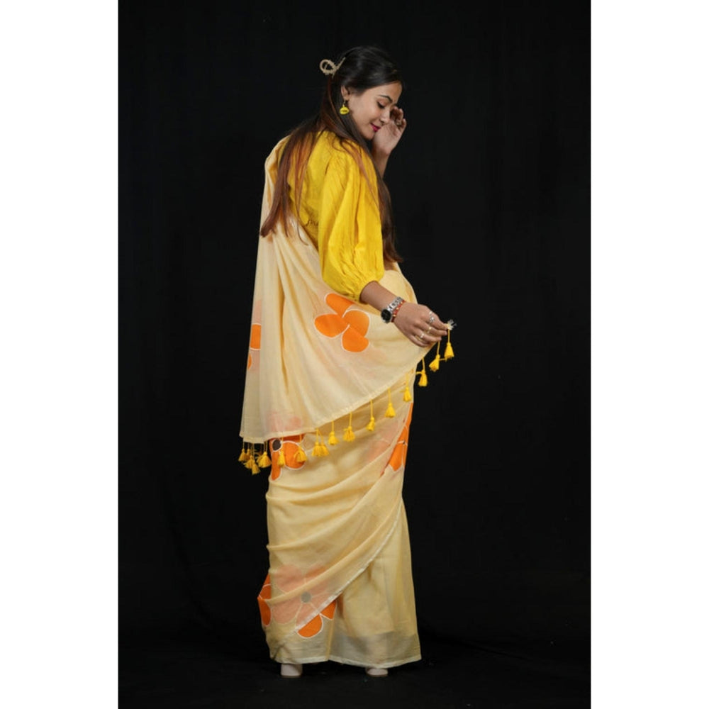 Isadora Life Womens Floral Printed Yellow Pre-Draped Saree With Unstitched Blouse