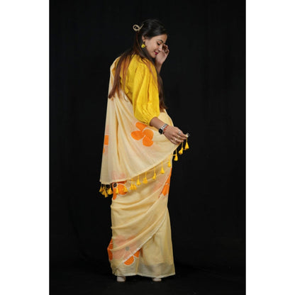 Isadora Life Womens Floral Printed Yellow Pre-Draped Saree With Unstitched Blouse