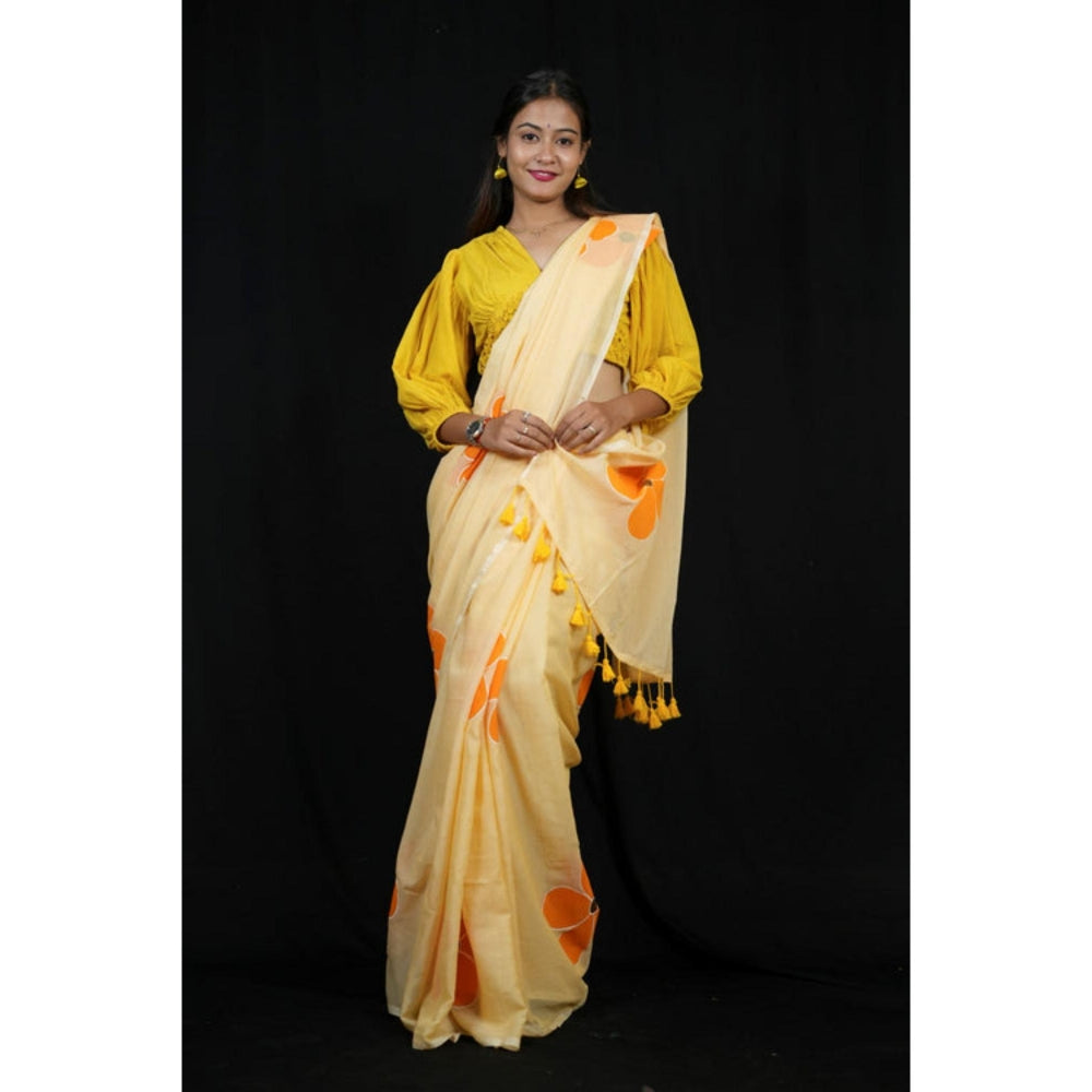 Isadora Life Womens Floral Printed Yellow Pre-Draped Saree With Unstitched Blouse