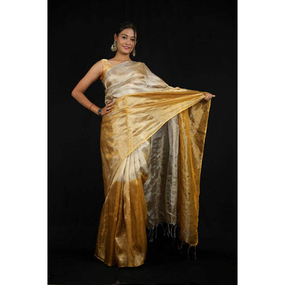 Isadora Life Womens Ombre Zari Multi-Color Pre-Draped Saree With Unstitched Blouse