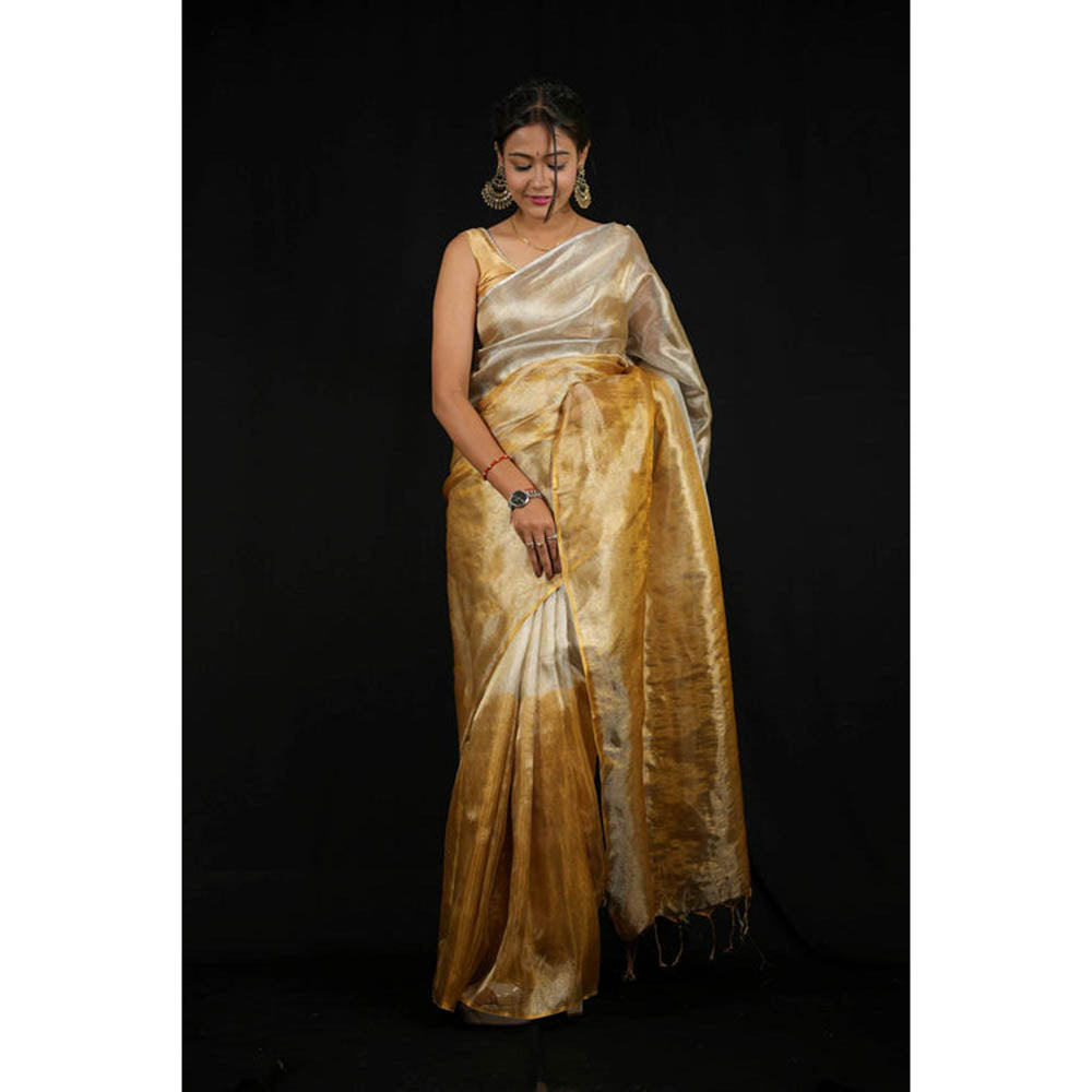 Isadora Life Womens Ombre Zari Multi-Color Pre-Draped Saree With Unstitched Blouse