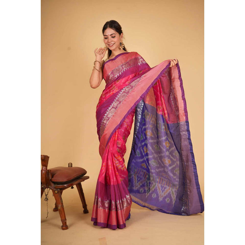 Isadora Life Womens Woven Ikat Pink Pre-Draped Saree With Unstitched Blouse