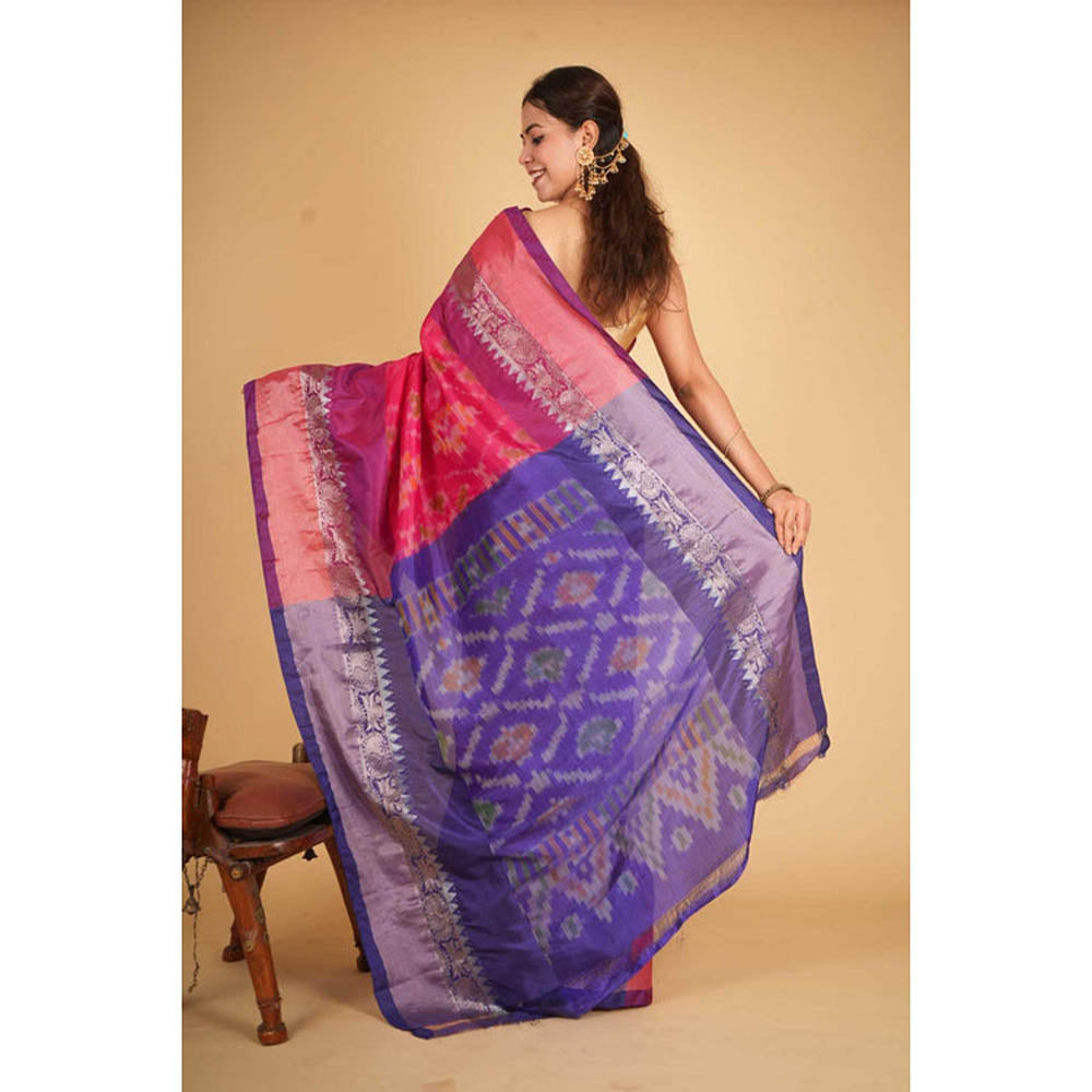 Isadora Life Womens Woven Ikat Pink Pre-Draped Saree With Unstitched Blouse