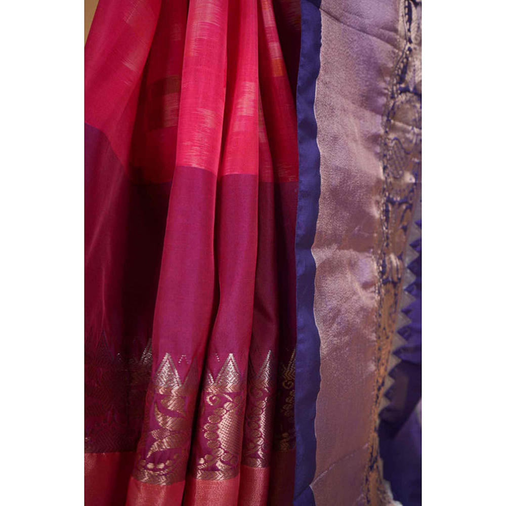 Isadora Life Womens Woven Ikat Pink Pre-Draped Saree With Unstitched Blouse