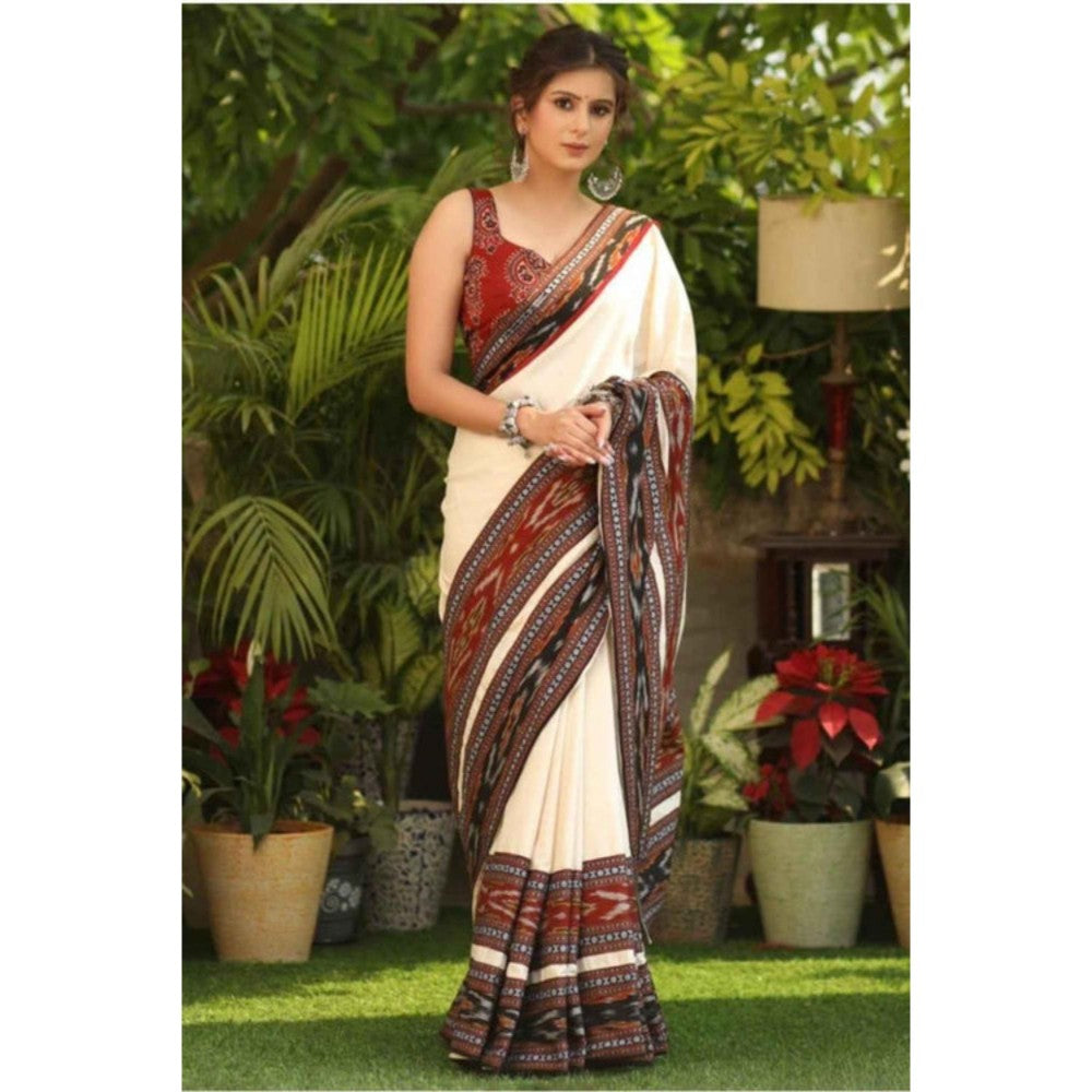 Isadora Life Womens Printed Off White Pre-Draped Saree With Unstitched Blouse