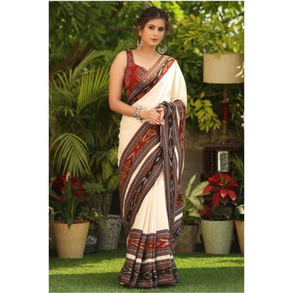 Isadora Life Womens Printed Off White Pre-Draped Saree With Unstitched Blouse