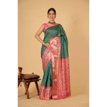 Isadora Life Womens Printed Green Pre-Draped Saree With Unstitched Blouse