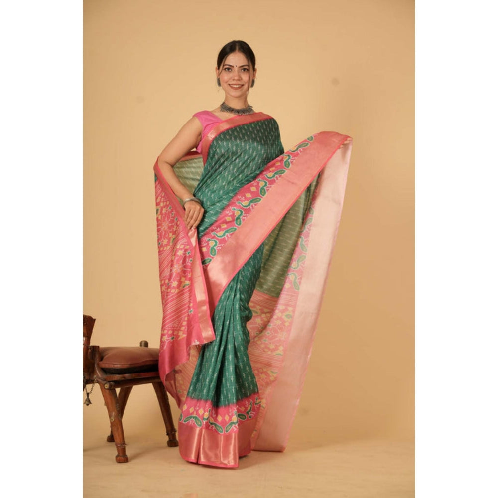Isadora Life Womens Printed Green Pre-Draped Saree With Unstitched Blouse