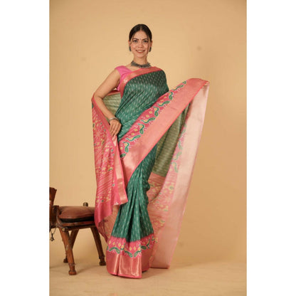 Isadora Life Womens Printed Green Pre-Draped Saree With Unstitched Blouse