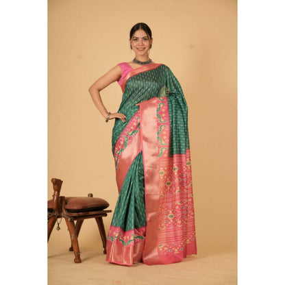 Isadora Life Womens Printed Green Pre-Draped Saree With Unstitched Blouse