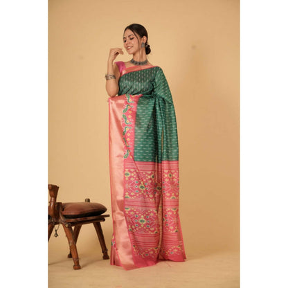 Isadora Life Womens Printed Green Pre-Draped Saree With Unstitched Blouse