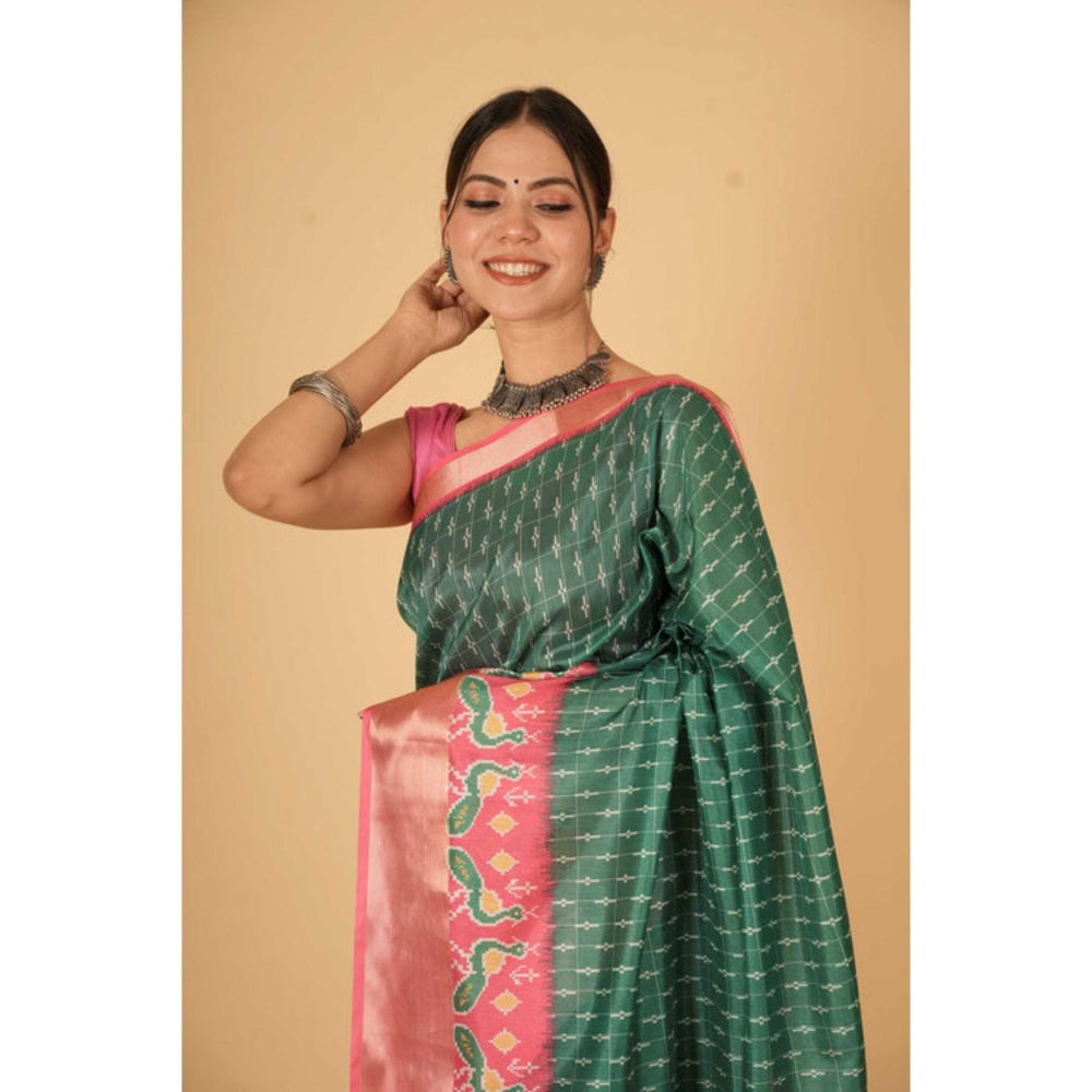 Isadora Life Womens Printed Green Pre-Draped Saree With Unstitched Blouse