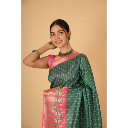 Isadora Life Womens Printed Green Pre-Draped Saree With Unstitched Blouse