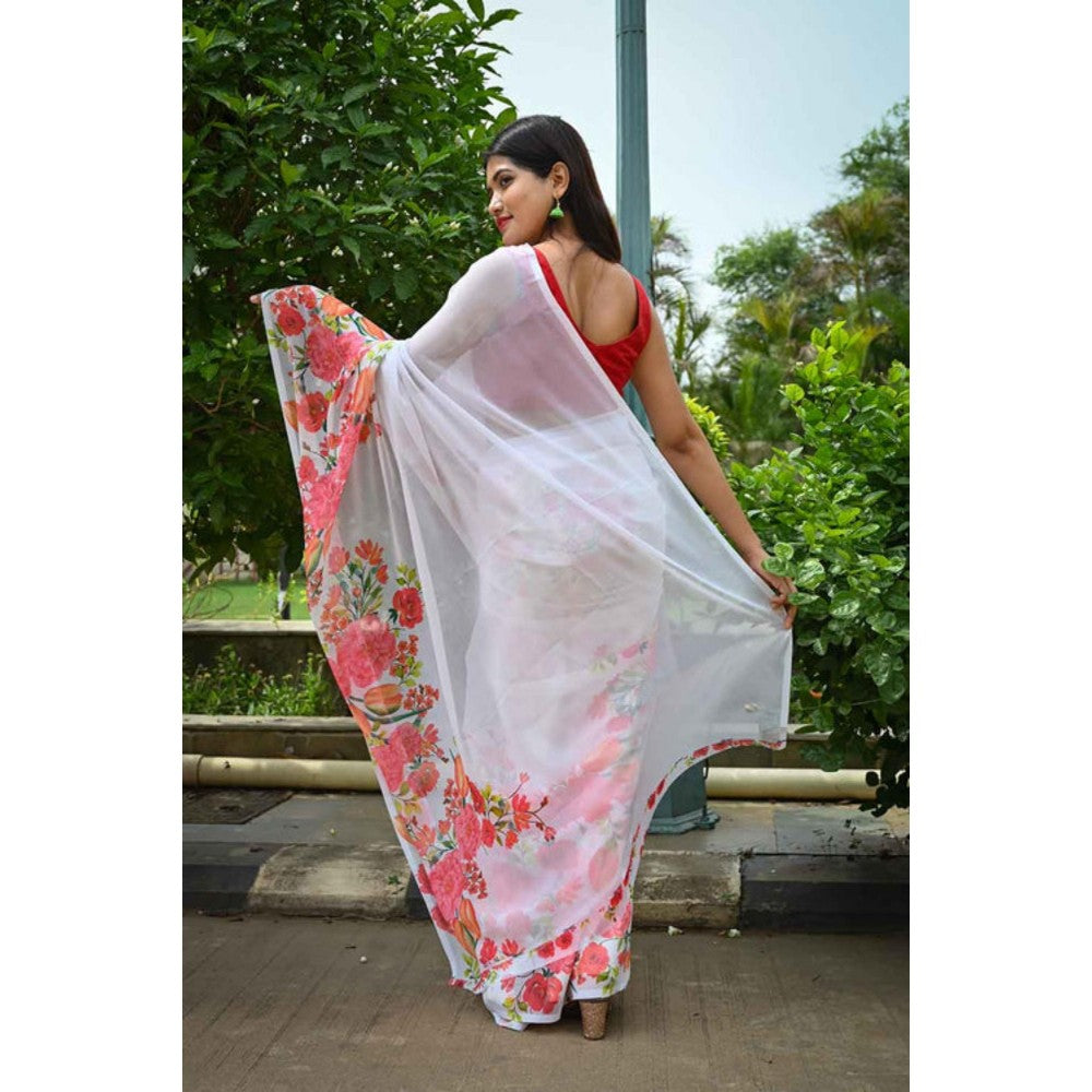 Isadora Life Womens Floral Printed White Pre-Draped Saree With Unstitched Blouse