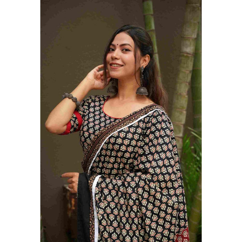 Isadora Life Womens Printed Black Pre-Draped Saree With Unstitched Blouse