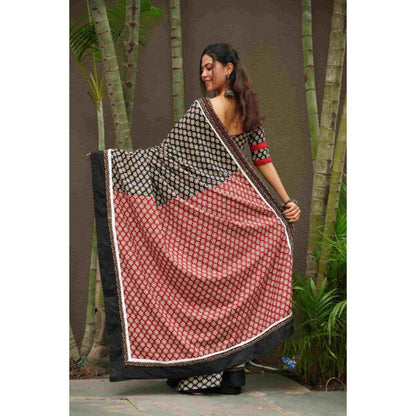 Isadora Life Womens Printed Black Pre-Draped Saree With Unstitched Blouse