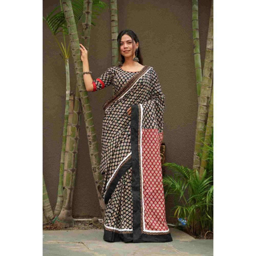Isadora Life Womens Printed Black Pre-Draped Saree With Unstitched Blouse