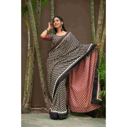 Isadora Life Womens Printed Black Pre-Draped Saree With Unstitched Blouse