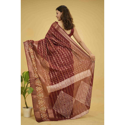Isadora Life Womens Bandhani Printed Maroon Pre-Draped Saree With Unstitched Blouse