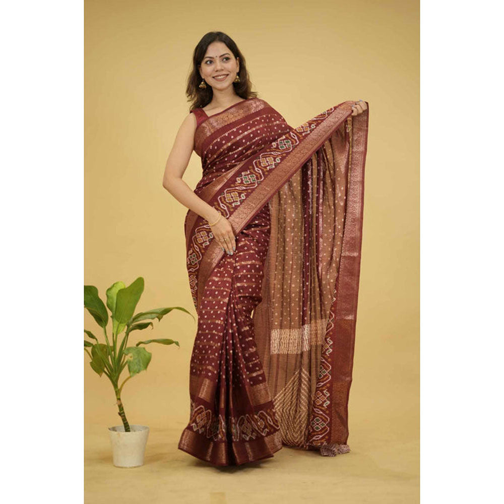 Isadora Life Womens Bandhani Printed Maroon Pre-Draped Saree With Unstitched Blouse
