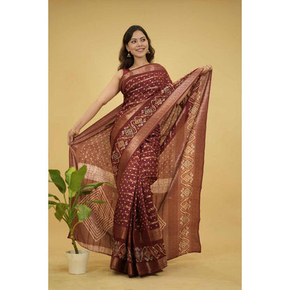 Isadora Life Womens Bandhani Printed Maroon Pre-Draped Saree With Unstitched Blouse