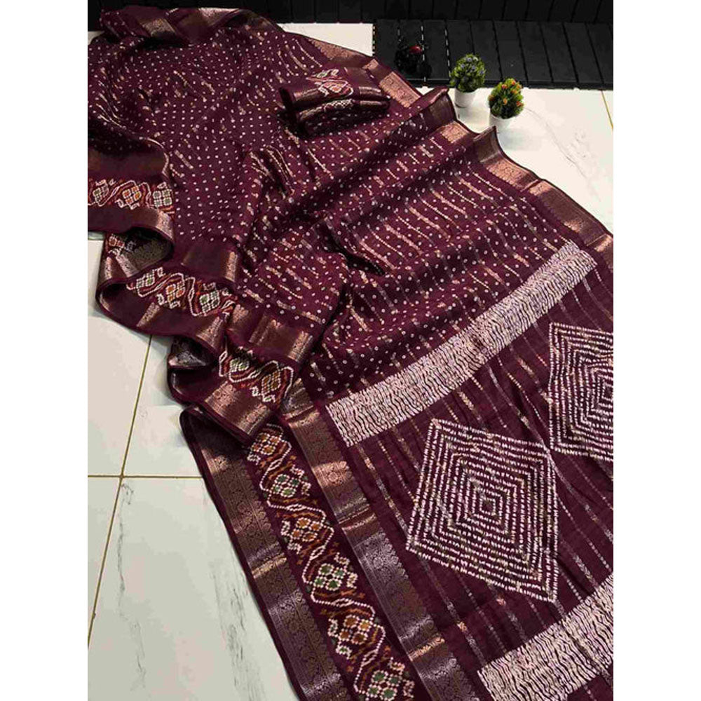 Isadora Life Womens Bandhani Printed Maroon Pre-Draped Saree With Unstitched Blouse
