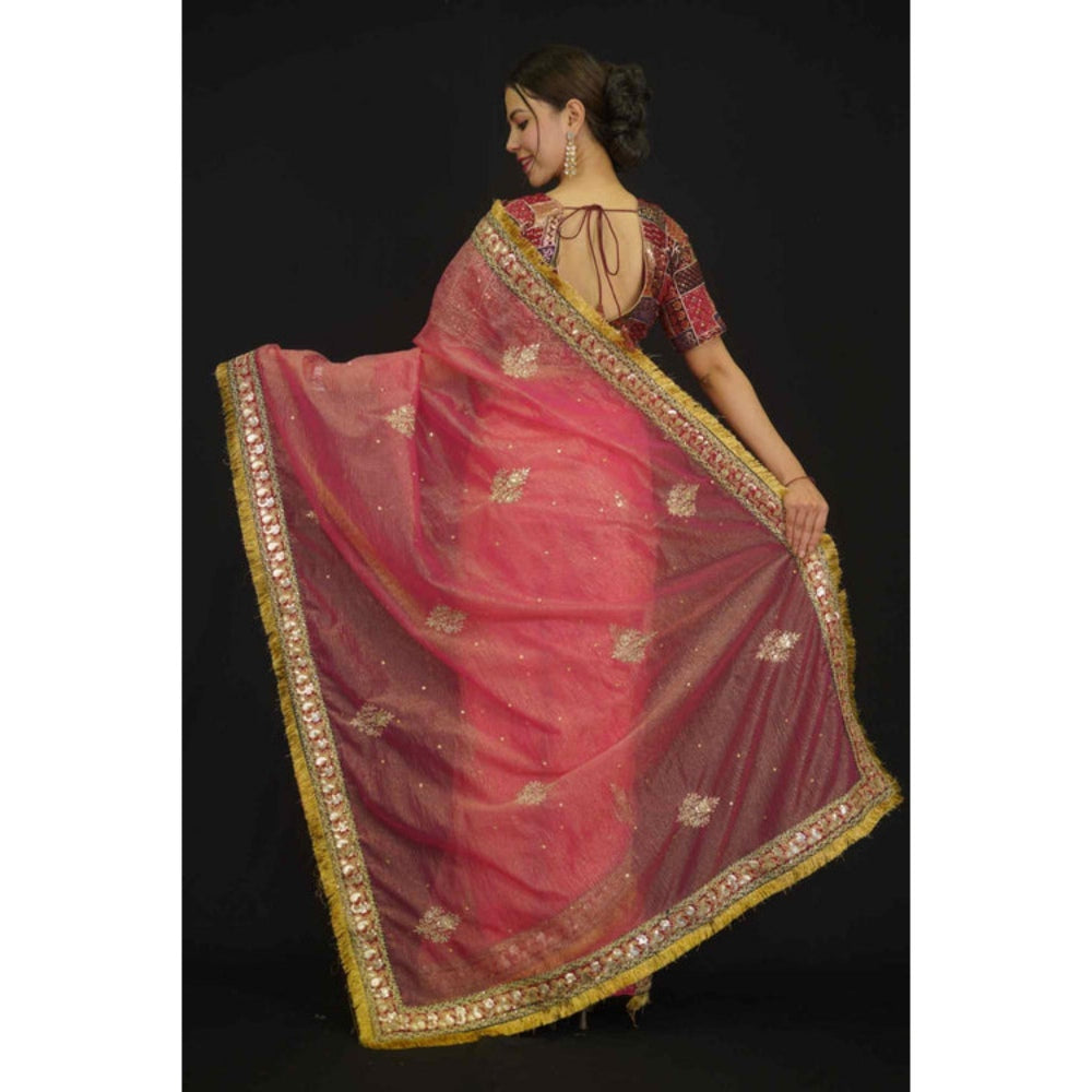 Isadora Life Womens Embroidered Sequined Pink Pre-Draped Saree With Unstitched Blouse