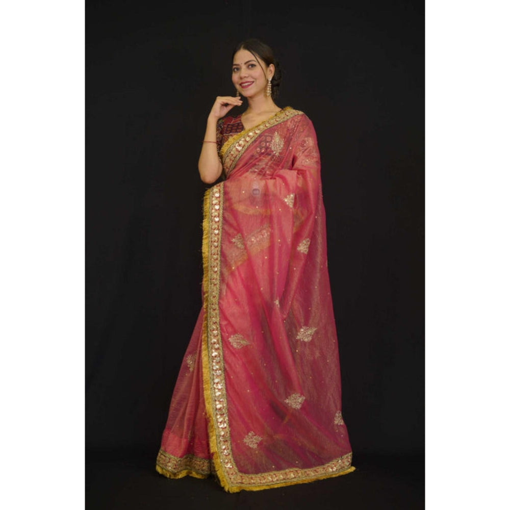 Isadora Life Womens Embroidered Sequined Pink Pre-Draped Saree With Unstitched Blouse