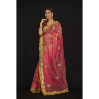 Isadora Life Womens Embroidered Sequined Pink Pre-Draped Saree With Unstitched Blouse