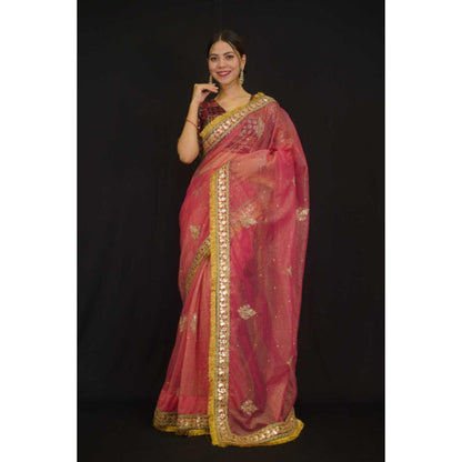 Isadora Life Womens Embroidered Sequined Pink Pre-Draped Saree With Unstitched Blouse