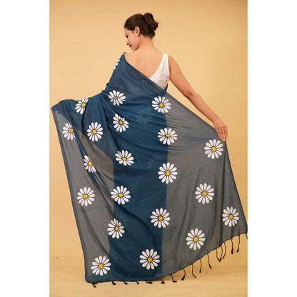 Isadora Life Womens Floral Tassels Teal Pre-Draped Saree With Unstitched Blouse