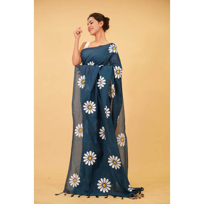 Isadora Life Womens Floral Tassels Teal Pre-Draped Saree With Unstitched Blouse
