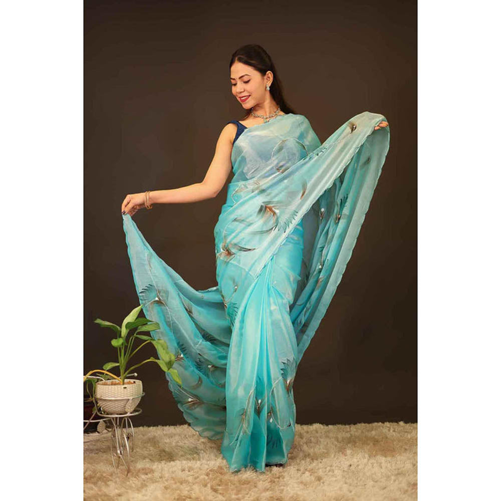 Isadora Life Womens Printed Sequined Blue Pre-Draped Saree With Unstitched Blouse