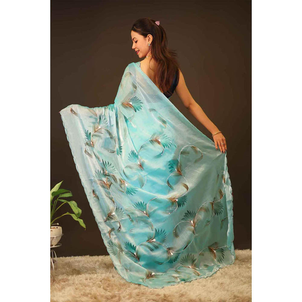 Isadora Life Womens Printed Sequined Blue Pre-Draped Saree With Unstitched Blouse