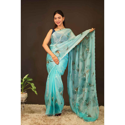Isadora Life Womens Printed Sequined Blue Pre-Draped Saree With Unstitched Blouse