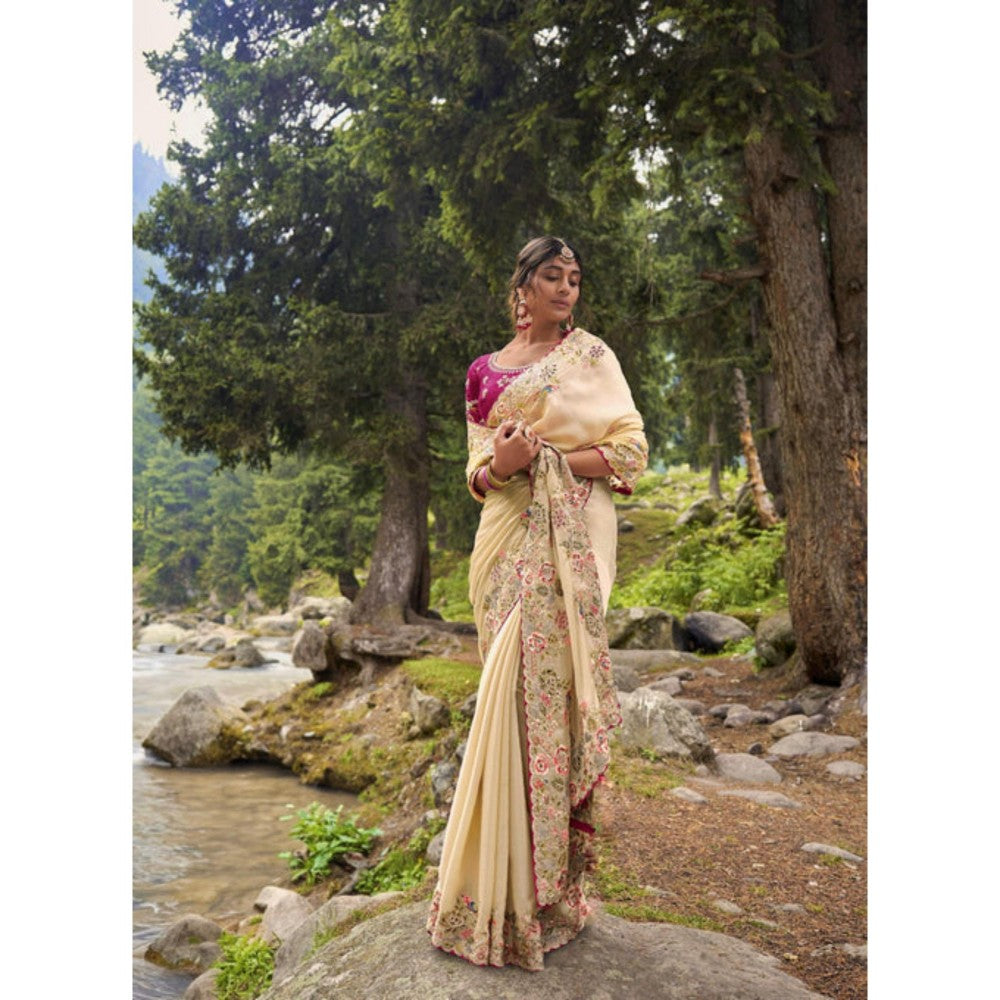 Isadora Life Womens Embroidered Thread Work Beige Pre-Draped Saree With Unstitched Blouse