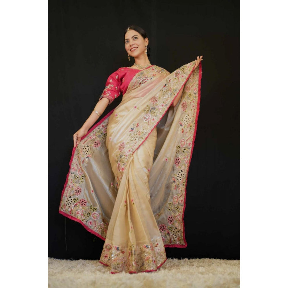 Isadora Life Womens Embroidered Thread Work Beige Pre-Draped Saree With Unstitched Blouse