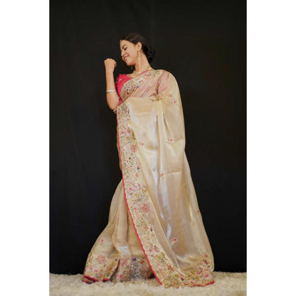 Isadora Life Womens Embroidered Thread Work Beige Pre-Draped Saree With Unstitched Blouse