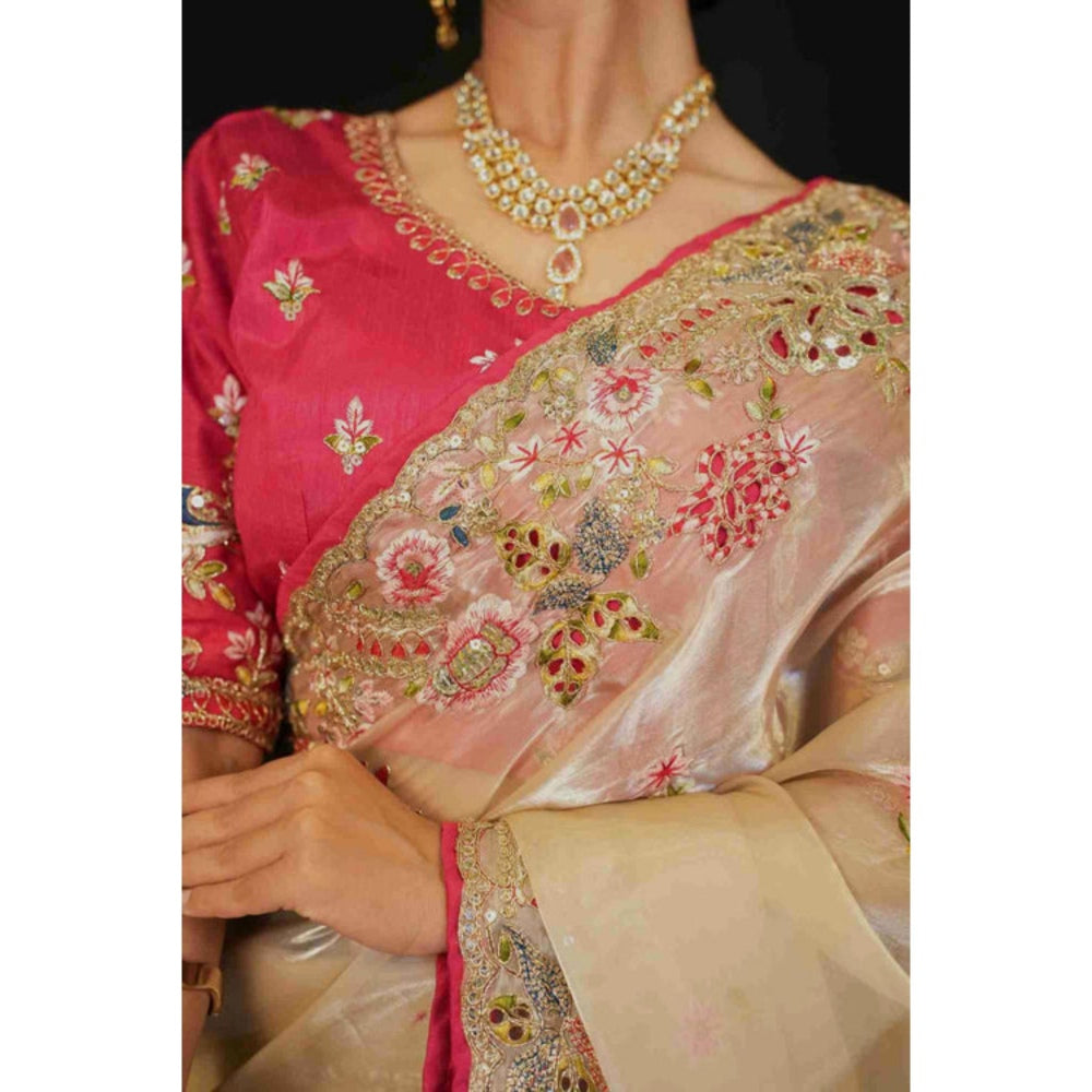 Isadora Life Womens Embroidered Thread Work Beige Pre-Draped Saree With Unstitched Blouse