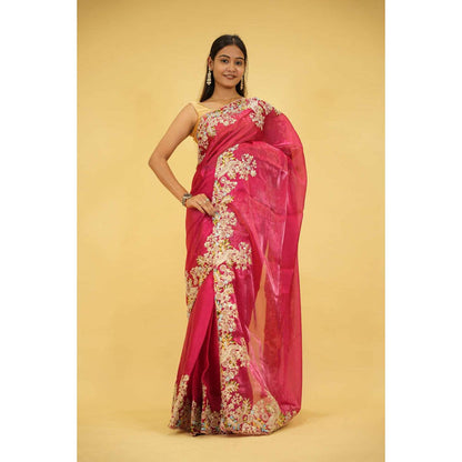 Isadora Life Womens Embroidered Zari Pink Pre-Draped Saree With Unstitched Blouse
