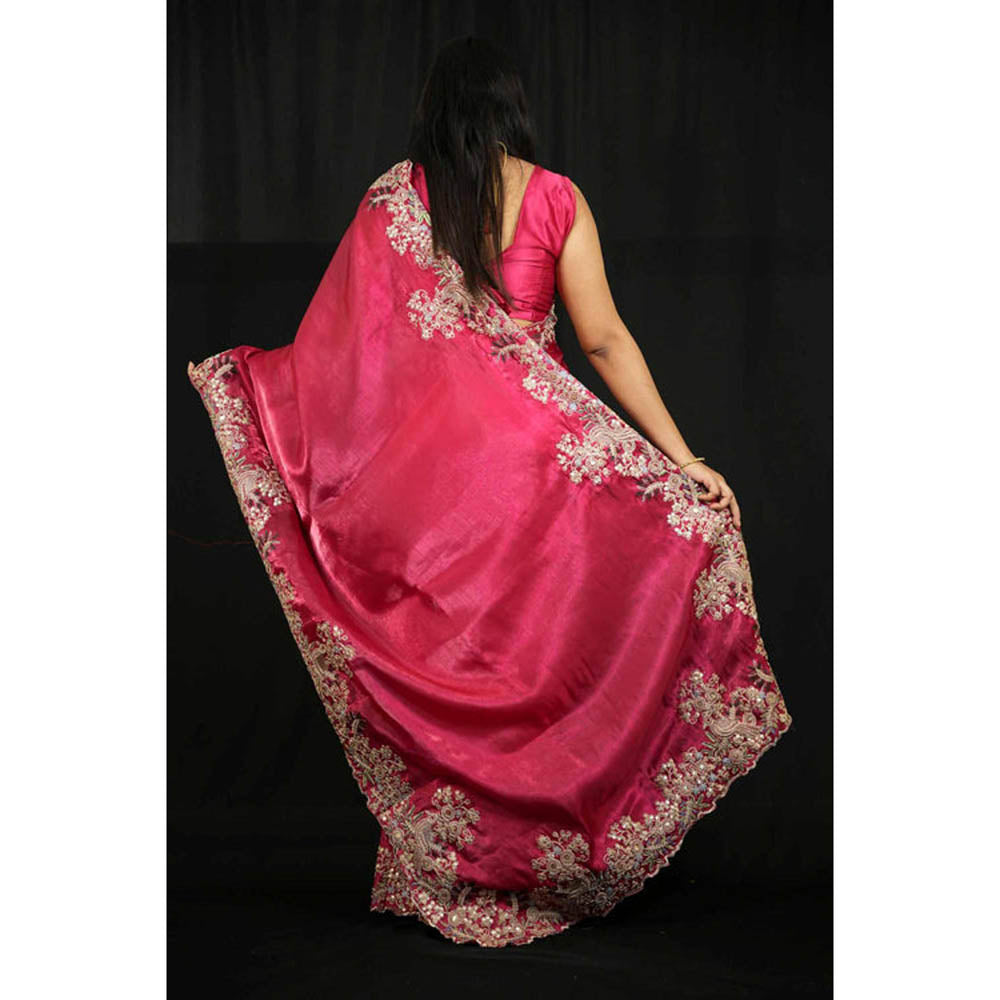 Isadora Life Womens Embroidered Zari Pink Pre-Draped Saree With Unstitched Blouse