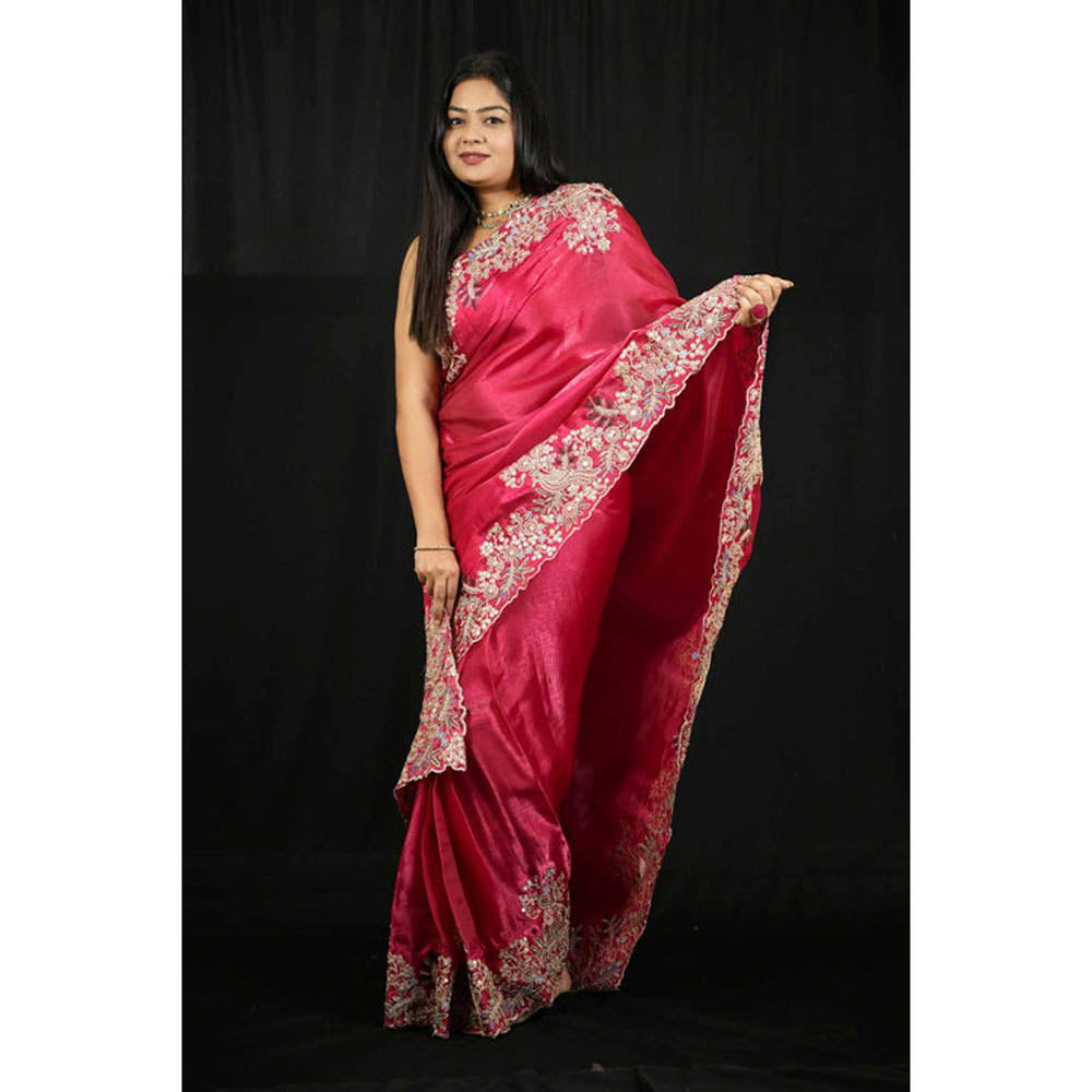Isadora Life Womens Embroidered Zari Pink Pre-Draped Saree With Unstitched Blouse