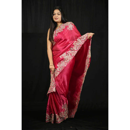Isadora Life Womens Embroidered Zari Pink Pre-Draped Saree With Unstitched Blouse