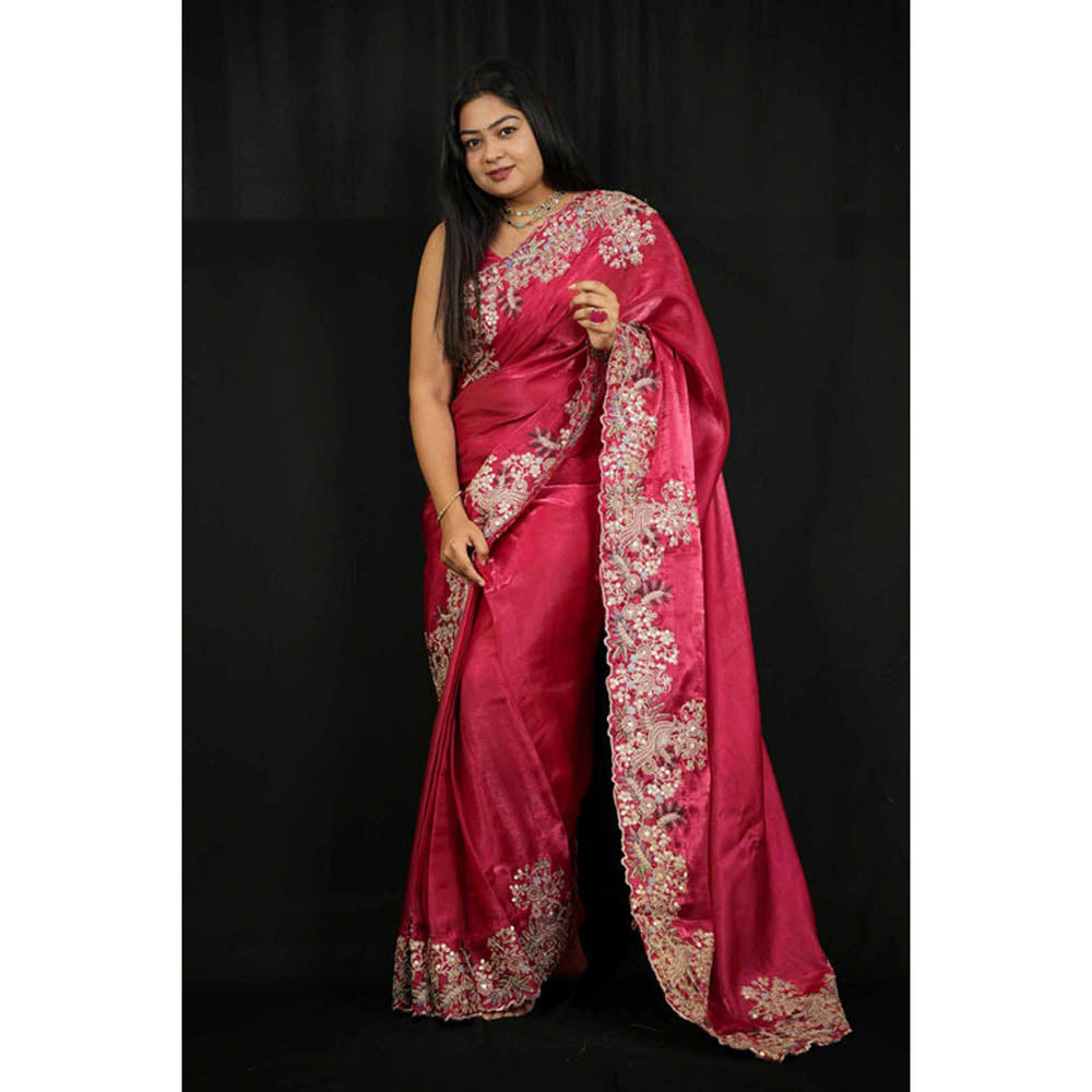 Isadora Life Womens Embroidered Zari Pink Pre-Draped Saree With Unstitched Blouse