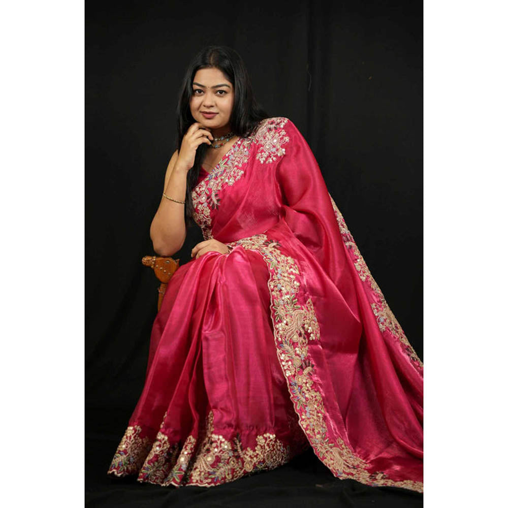 Isadora Life Womens Embroidered Zari Pink Pre-Draped Saree With Unstitched Blouse