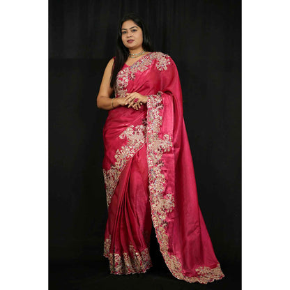Isadora Life Womens Embroidered Zari Pink Pre-Draped Saree With Unstitched Blouse